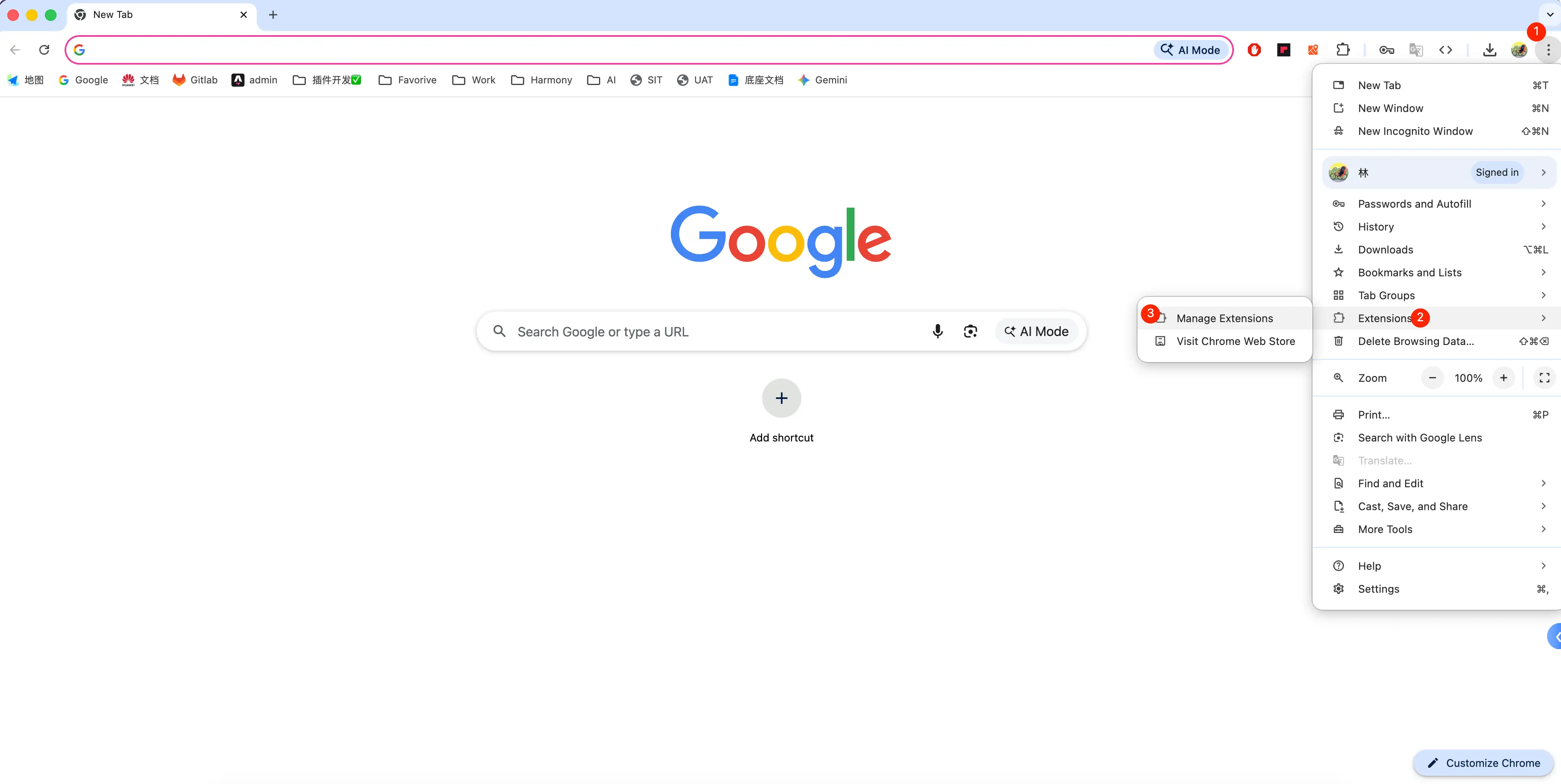 Chrome extensions page