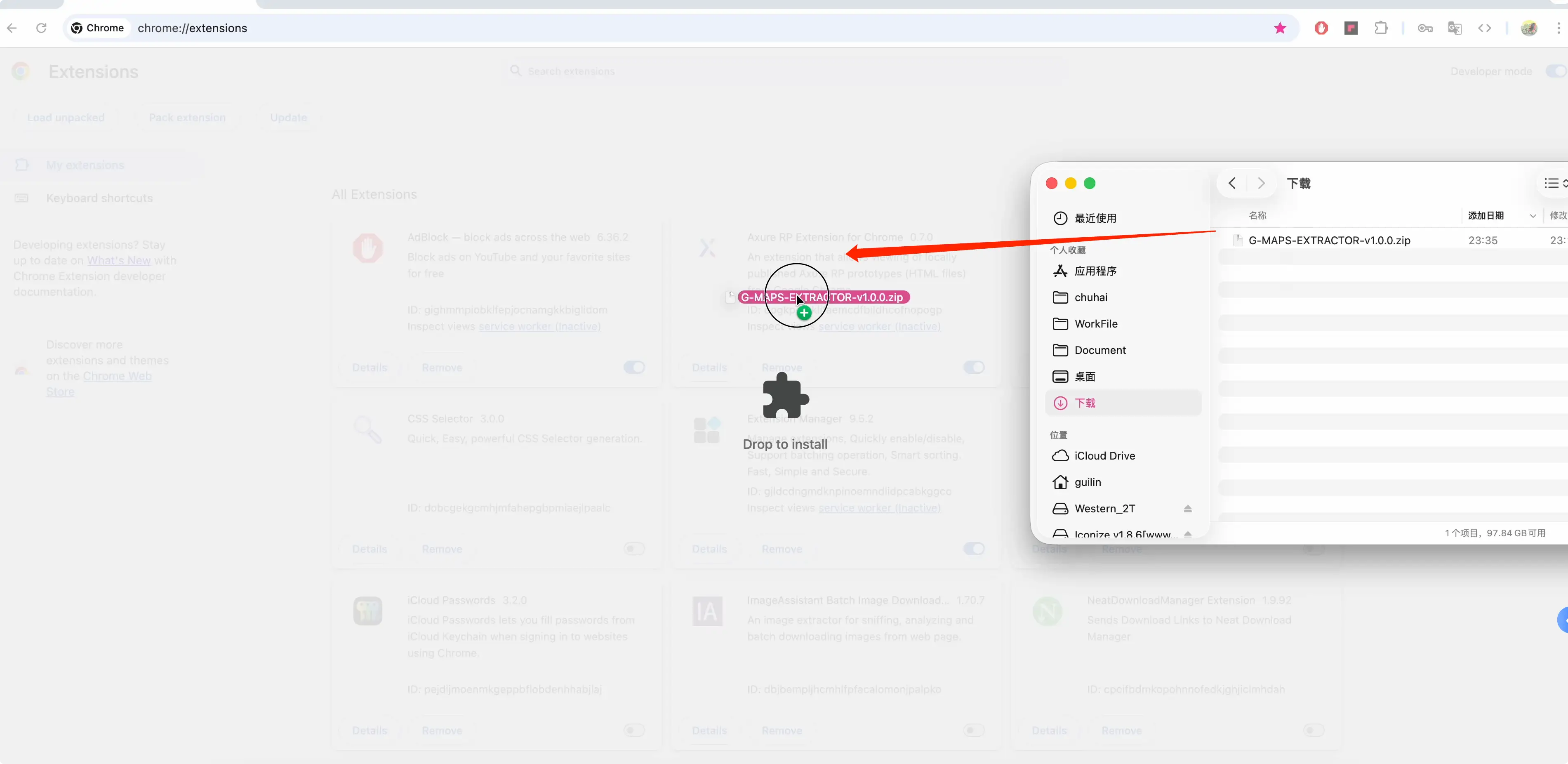 Drop zip file to install